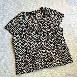 Jones New York 100% Linen Choco and White Polka Dot Blouse Size 12